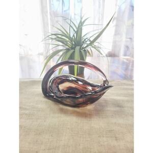 Vintage Cornucopia Basket, Art Glass Murano Style, Candy Dish Hand Blown Bowl